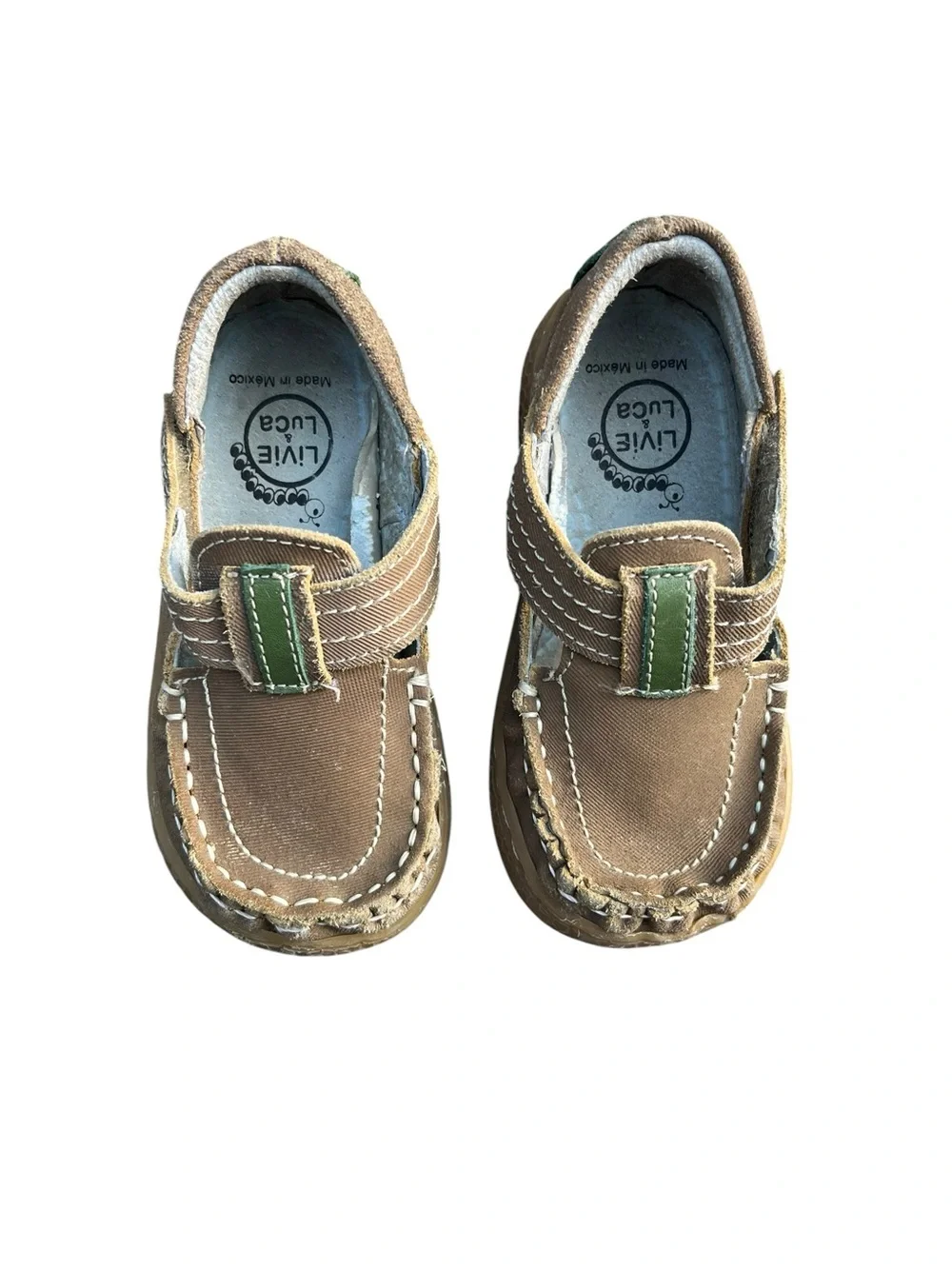 Livie & Luca Tan Moccasin Loafers with Velcro Strap Boys Shoes Size 7